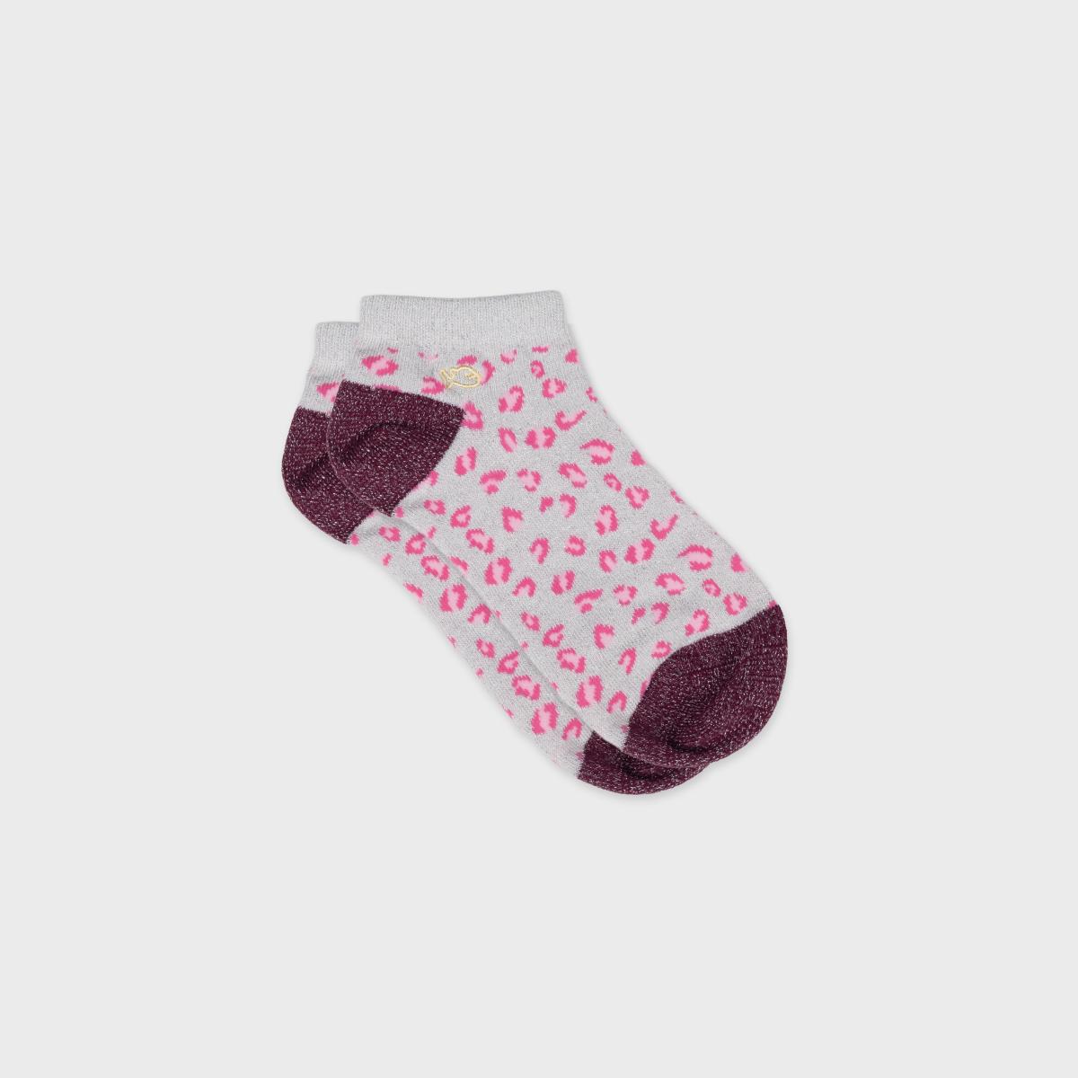 Enkelsokken met dierenprint van gekamd katoen - Luipaard, ecru en wijnrood - Beige