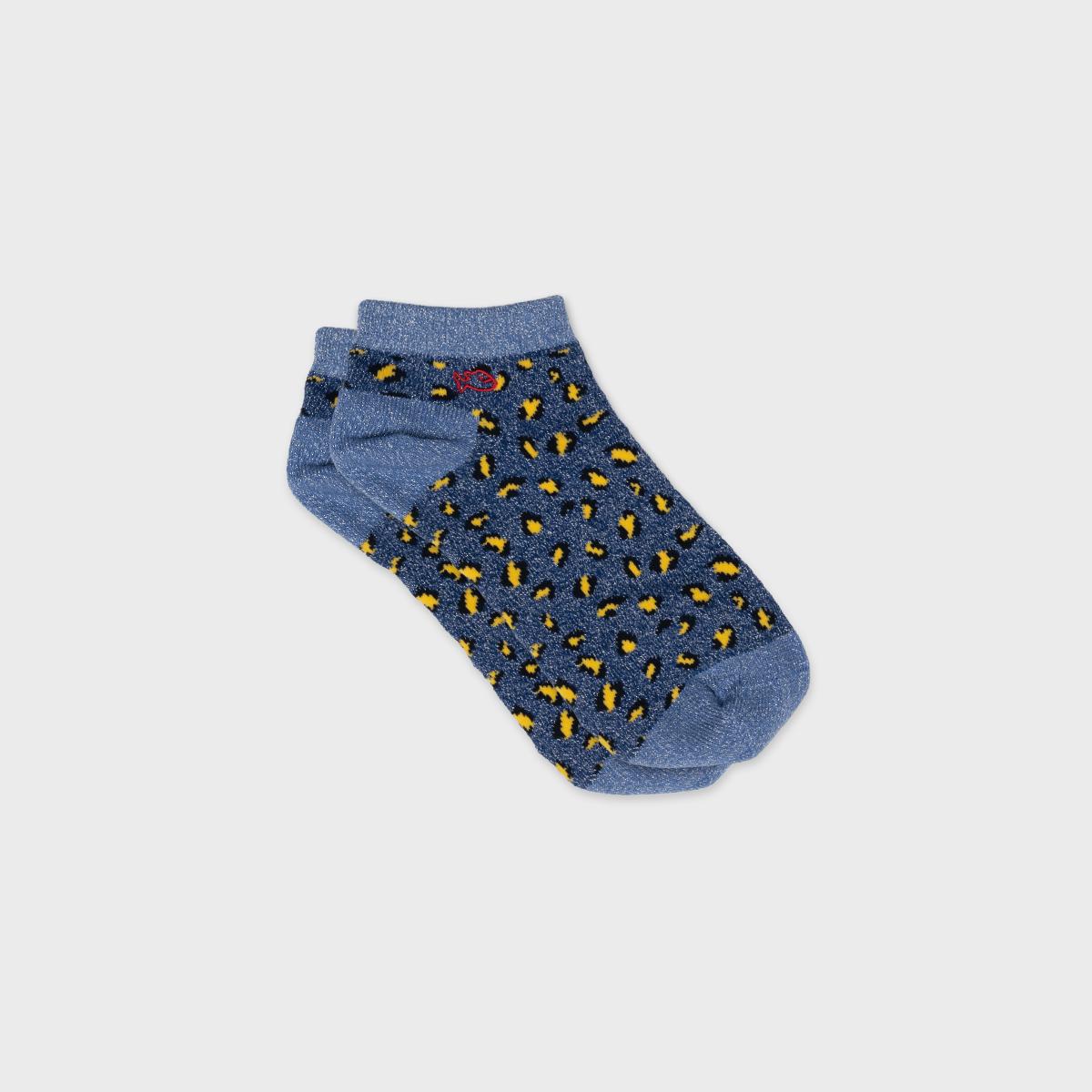 Enkelsokken met dierenprint van gekamd katoen - Luipaard, marine en geel - Blauw