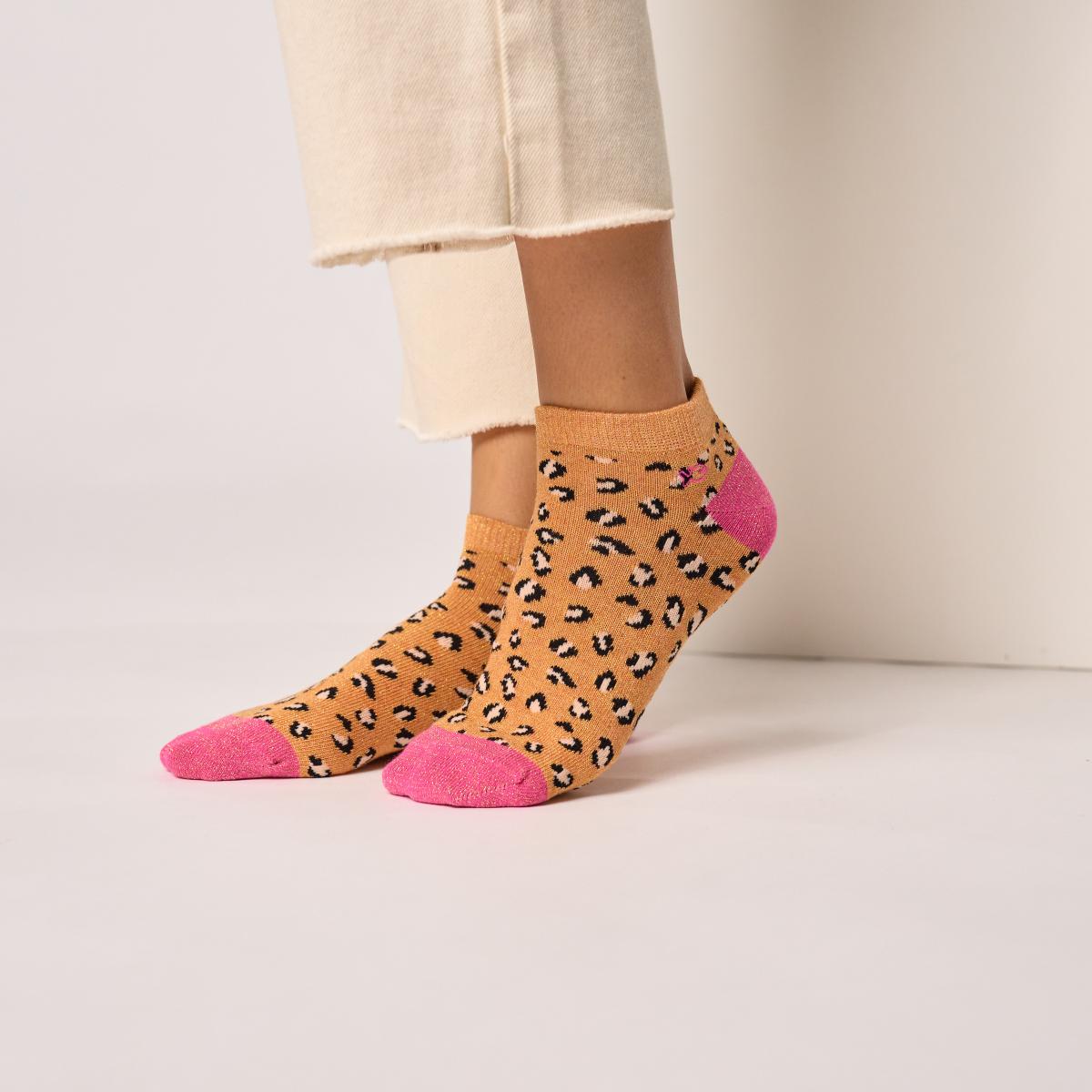 Enkelsokken met dierenprint van gekamd katoen - Luipaard, oranje en roze
