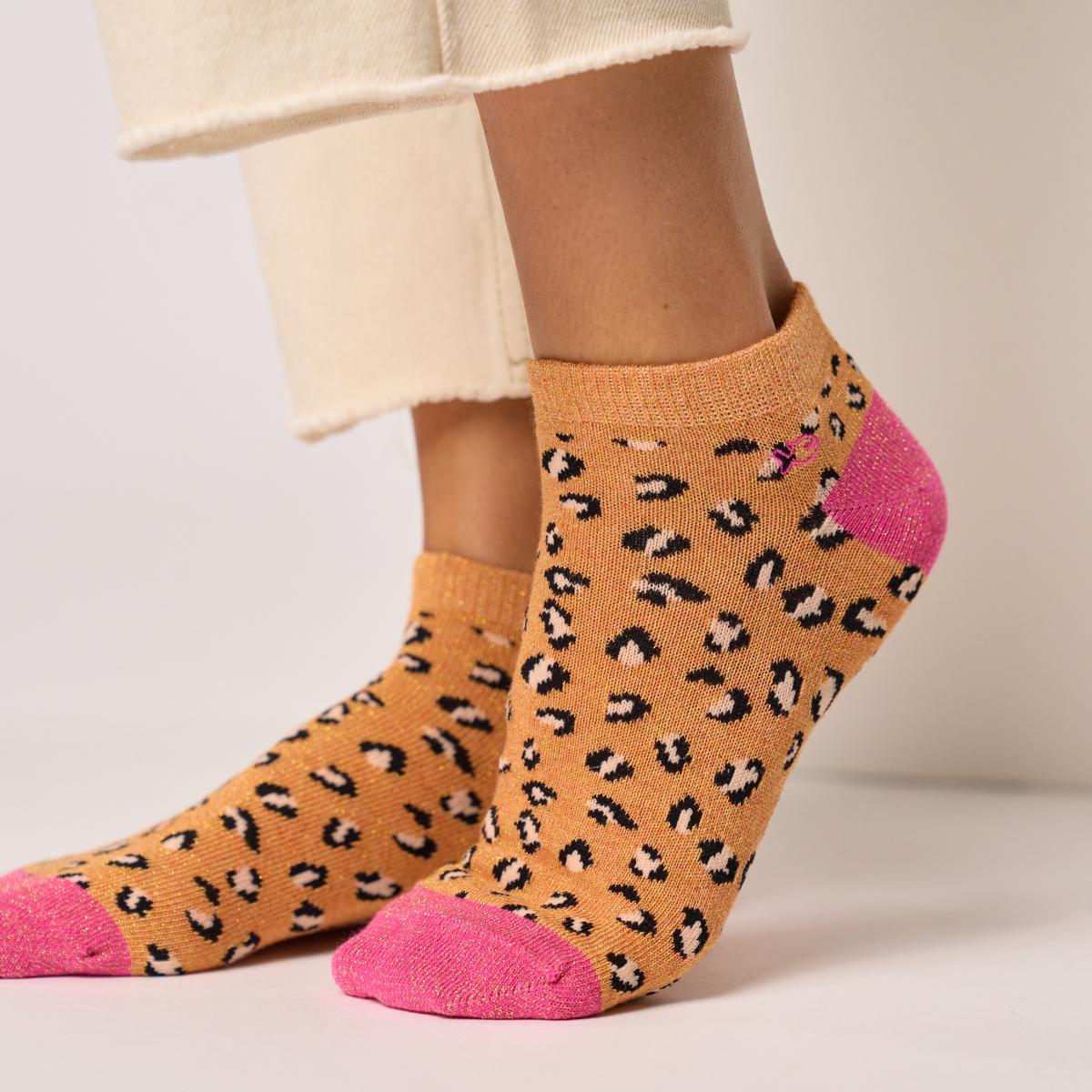 Enkelsokken met dierenprint van gekamd katoen - Luipaard, oranje en roze