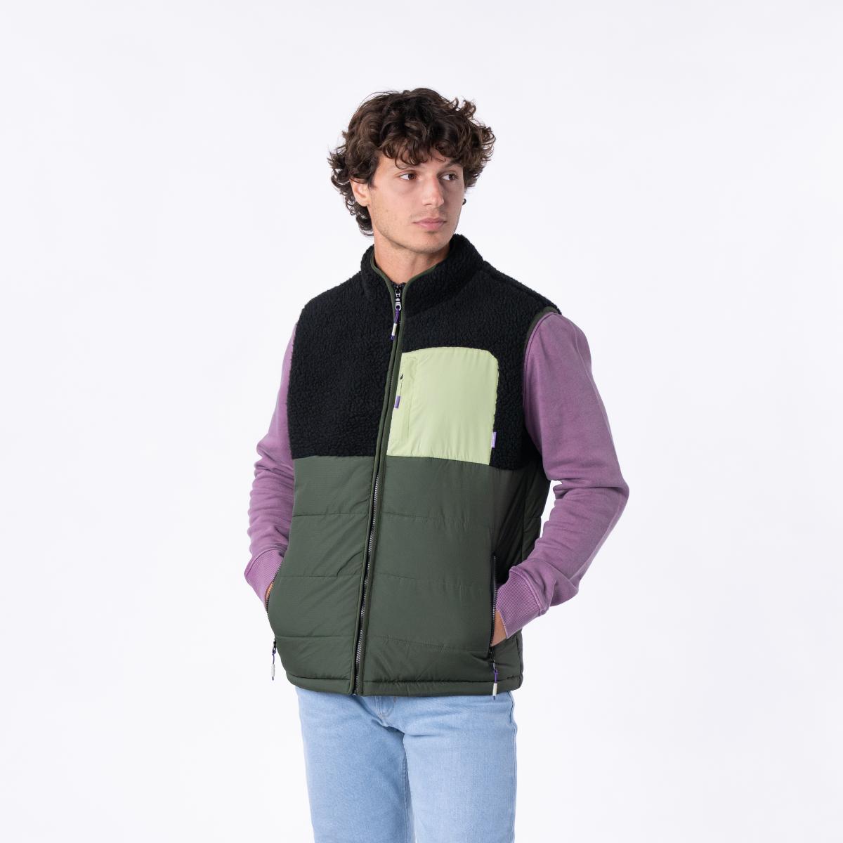 Mouwloze jas in twee materialen - Zwart en groen