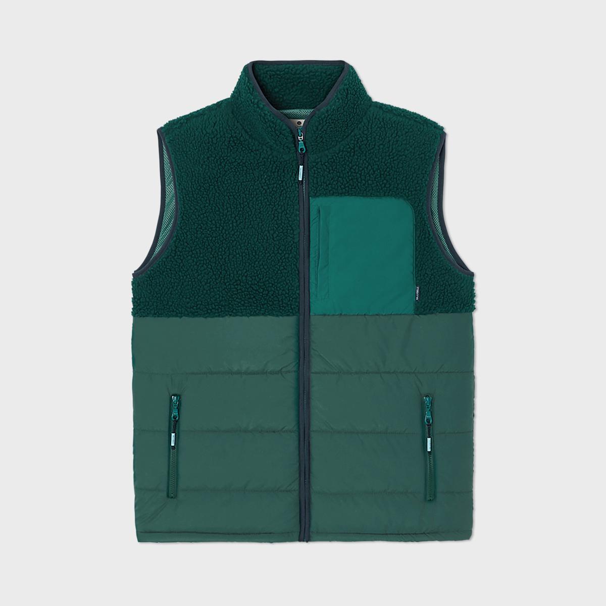 Mouwloze jas in twee materialen - Zwart en groen