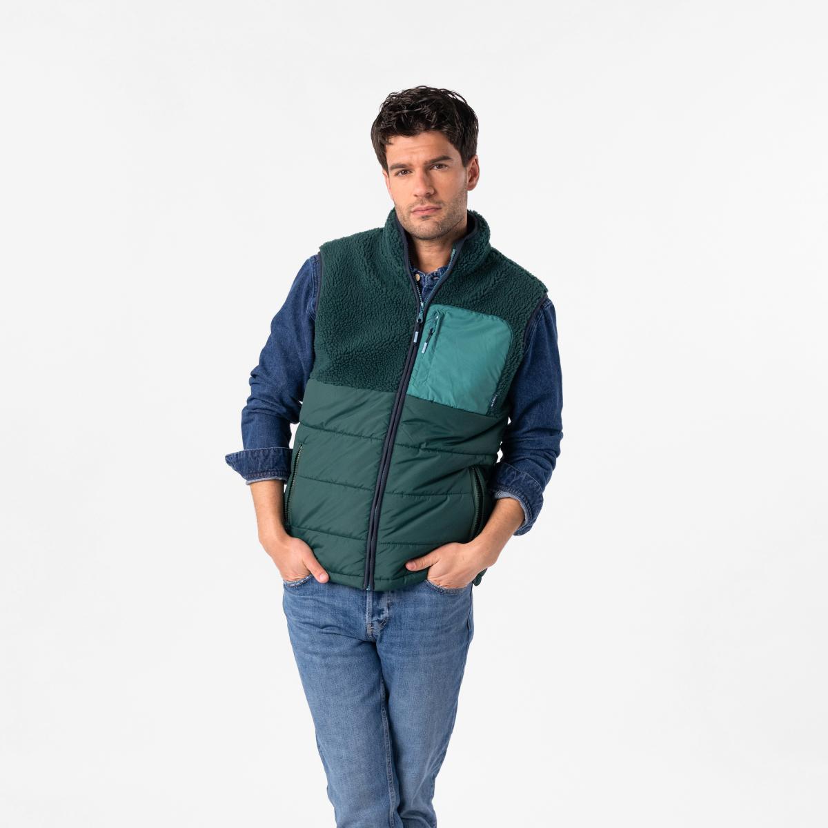 Mouwloze jas in twee materialen - Zwart en groen