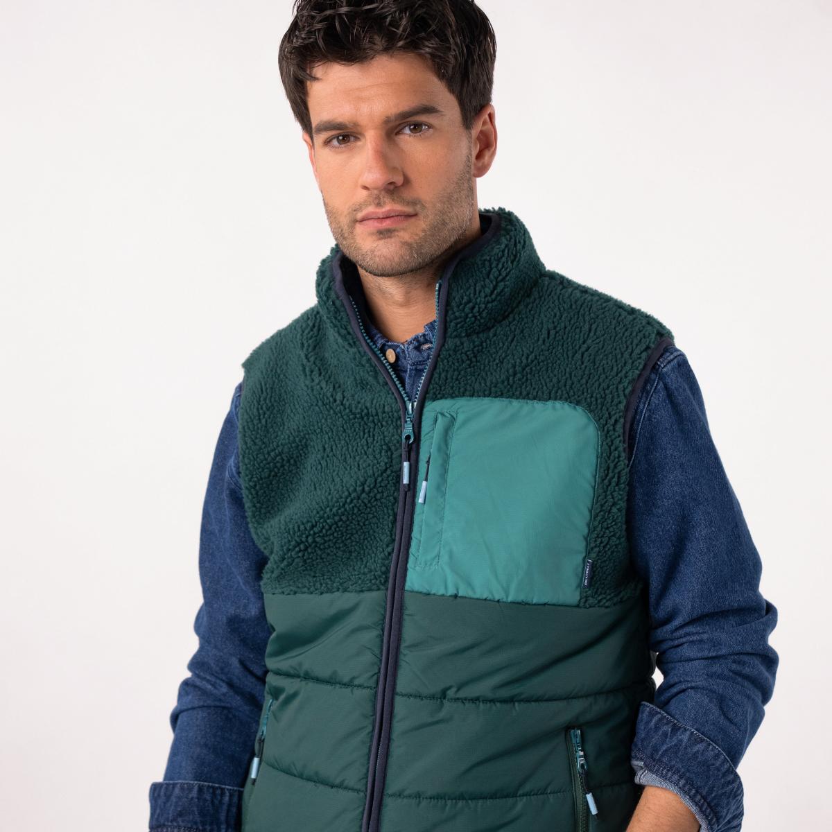 Mouwloze jas in twee materialen - Zwart en groen
