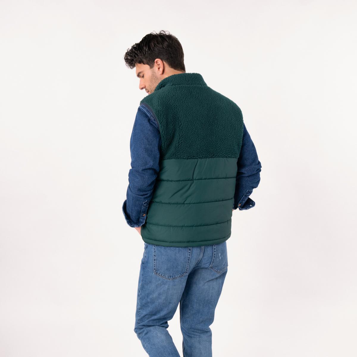 Mouwloze jas in twee materialen - Zwart en groen