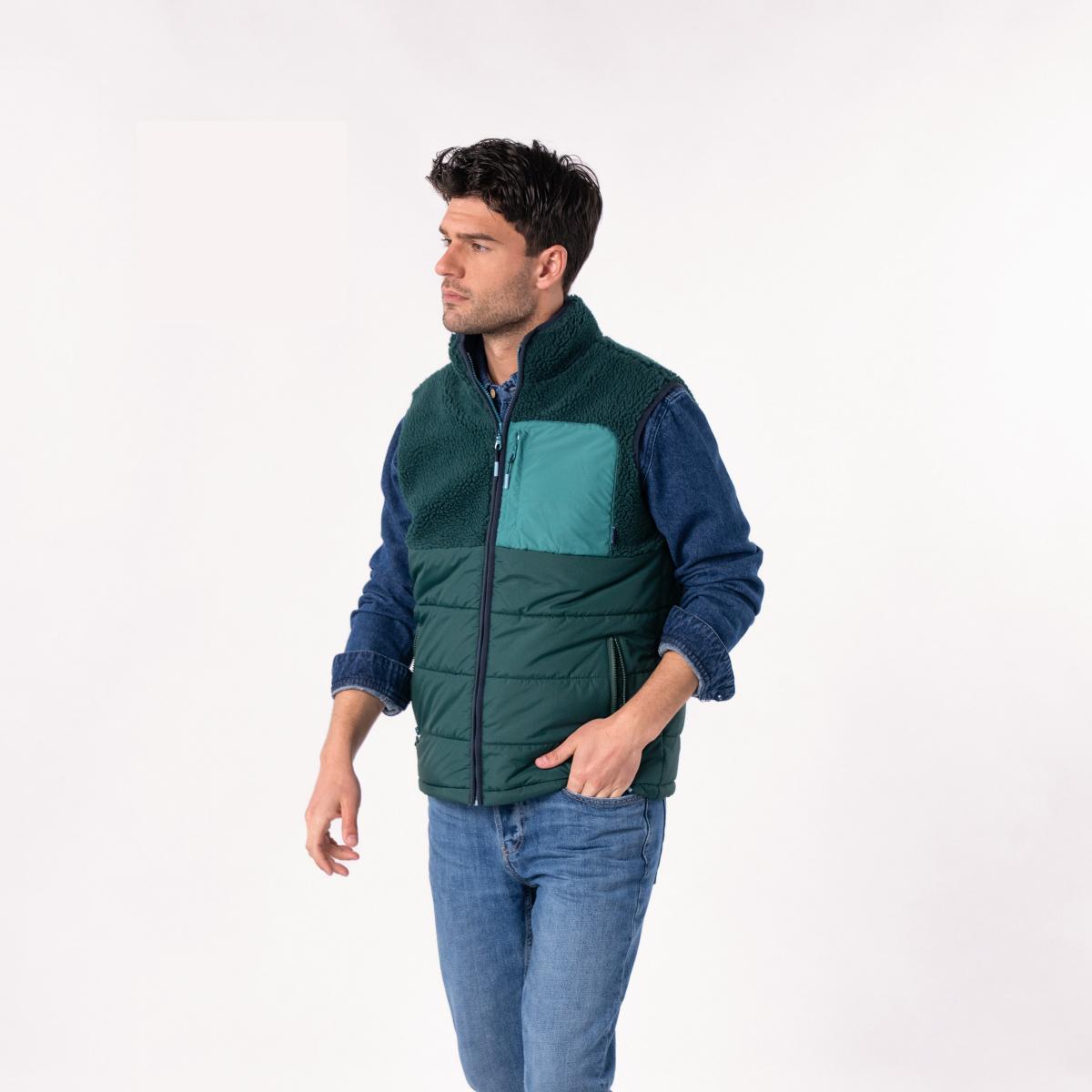 Mouwloze jas in twee materialen - Zwart en groen