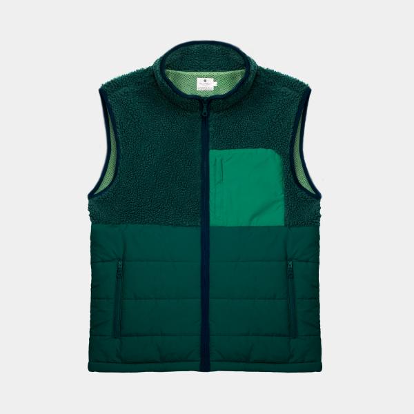 Mouwloze jas in twee materialen - Zwart en groen