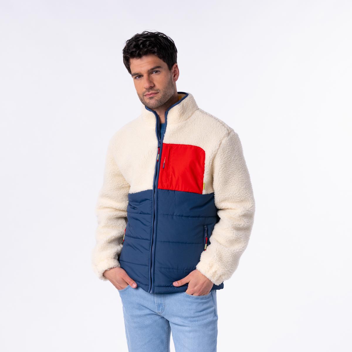 Jas in twee materialen met lange mouwen - Ivoor en marine - Beige