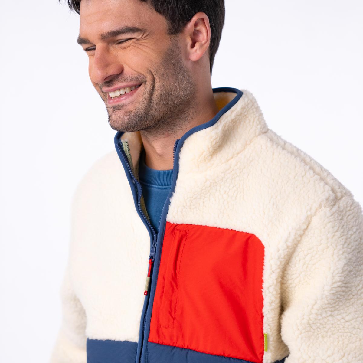 Jas in twee materialen met lange mouwen - Ivoor en marine - Beige