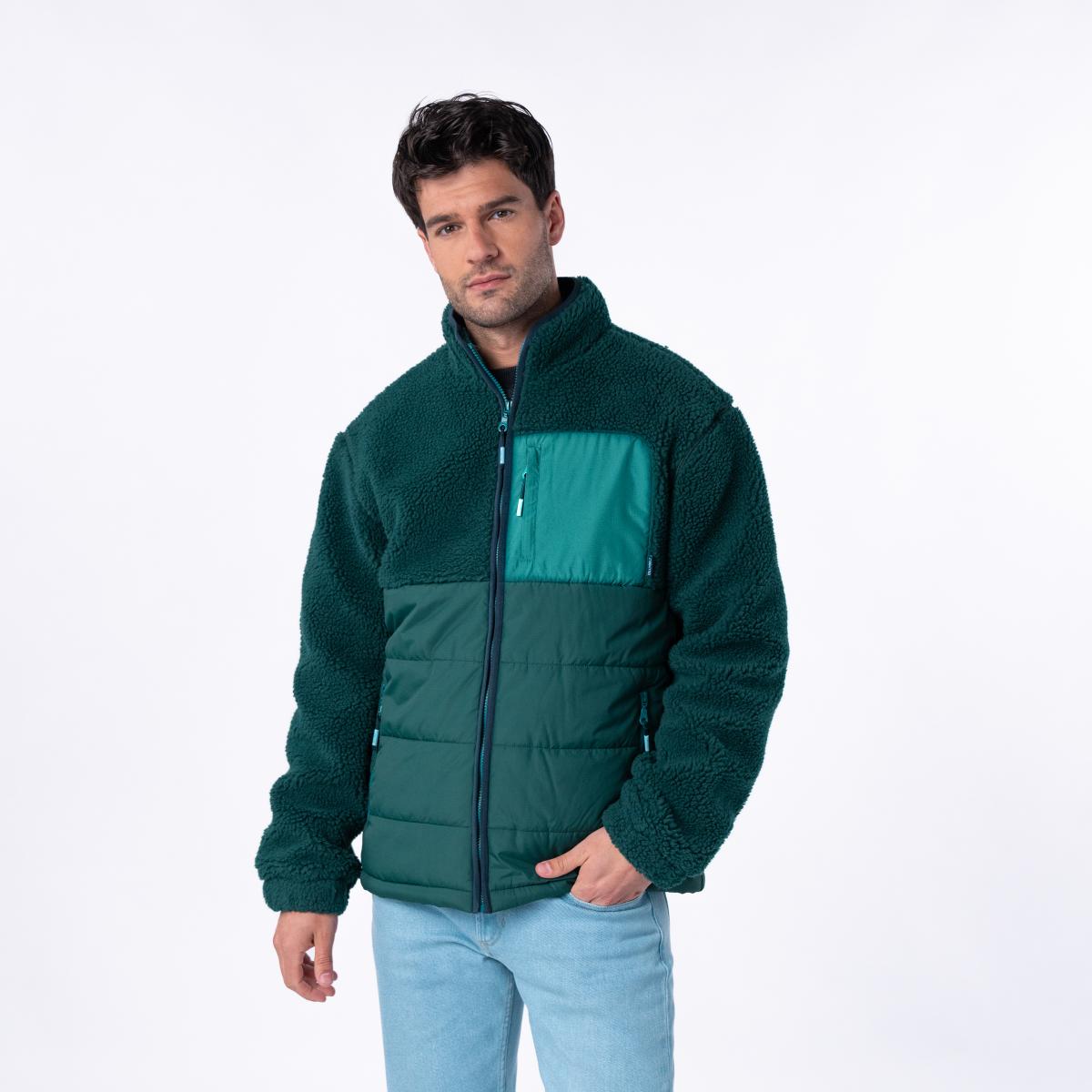 Jas in twee materialen met lange mouwen - Groen