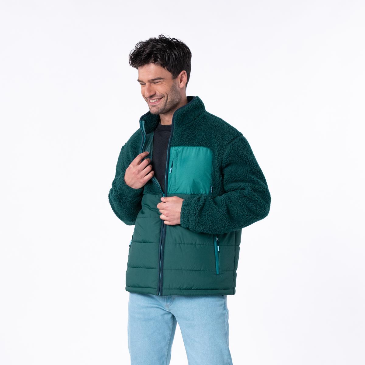 Jas in twee materialen met lange mouwen - Groen