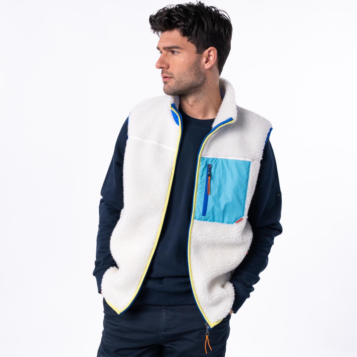 Mouwloze unisex sherpa jas met rits - Ivoor en blauw - Beige