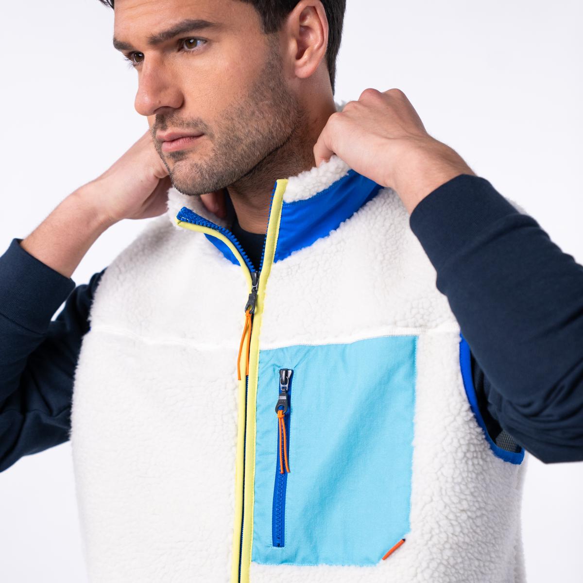 Mouwloze unisex sherpa jas met rits - Ivoor en blauw - Beige