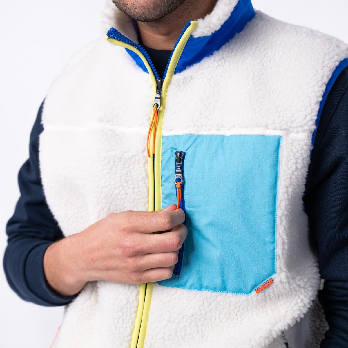 Mouwloze unisex sherpa jas met rits - Ivoor en blauw - Beige