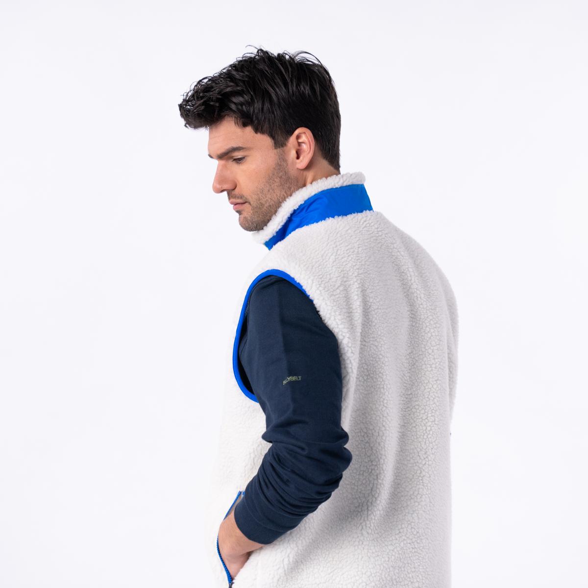 Mouwloze unisex sherpa jas met rits - Ivoor en blauw - Beige