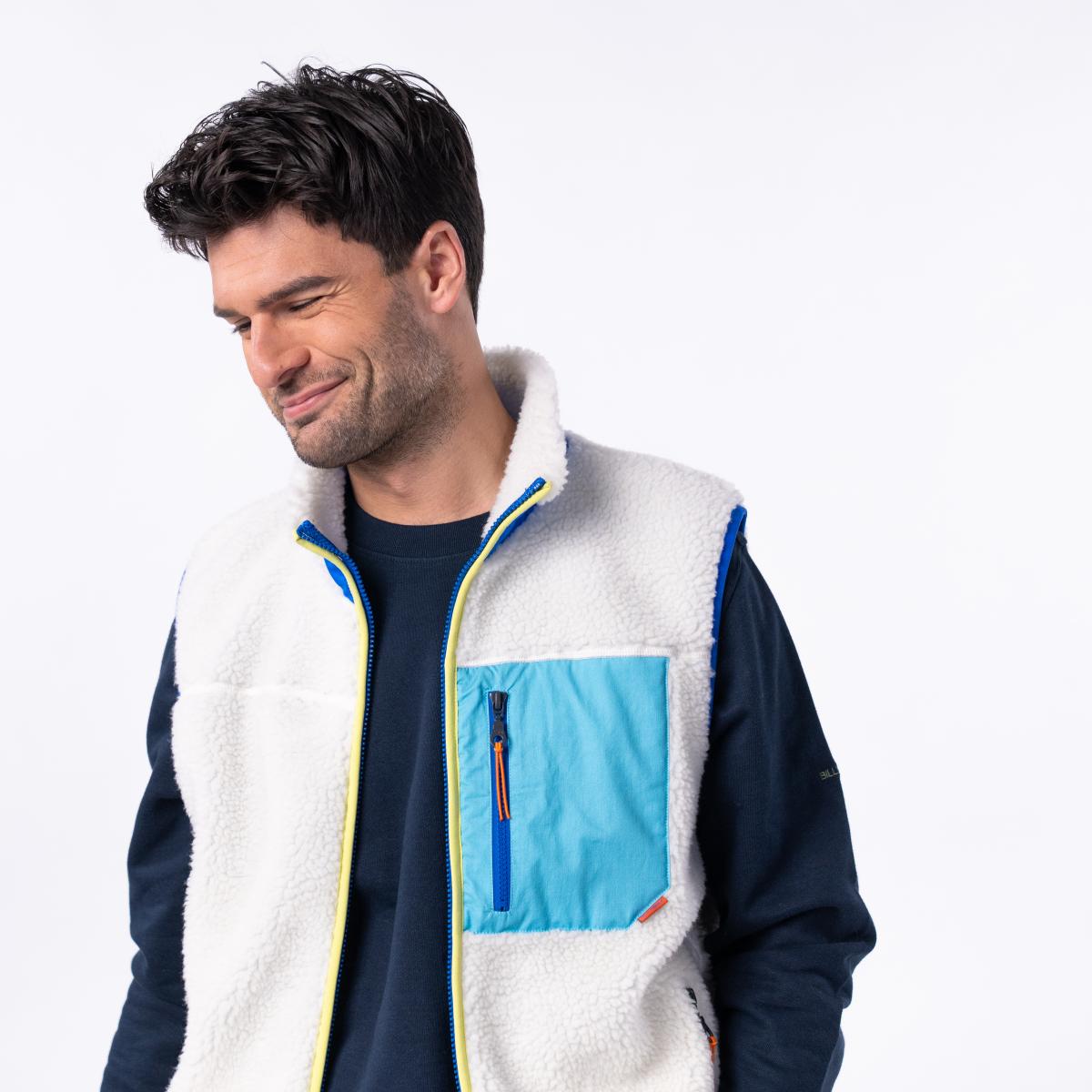 Mouwloze unisex sherpa jas met rits - Ivoor en blauw - Beige