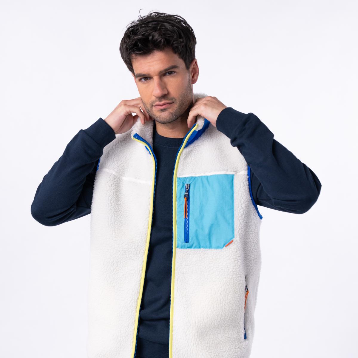 Veste en sherpa unisexe zippée sans manches - Ivoire et bleu - Beige