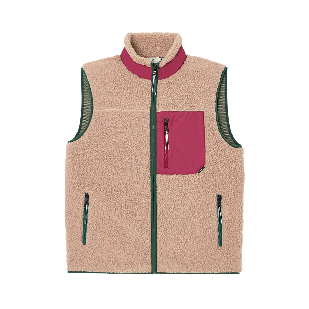 Mouwloze unisex sherpa jas met rits - Naturel en bordeaux - Bruin