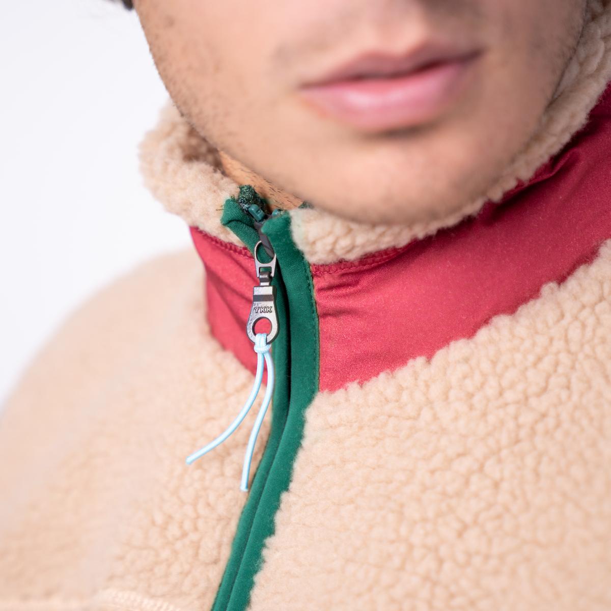 Mouwloze unisex sherpa jas met rits - Naturel en bordeaux - Bruin