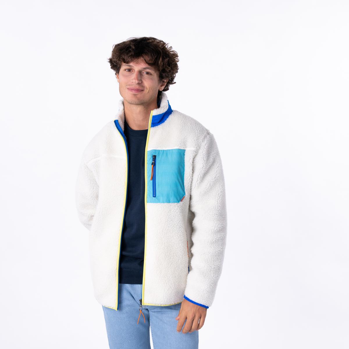 Unisex sherpa jas met rits en lange mouwen - Ivoor en blauw - Beige
