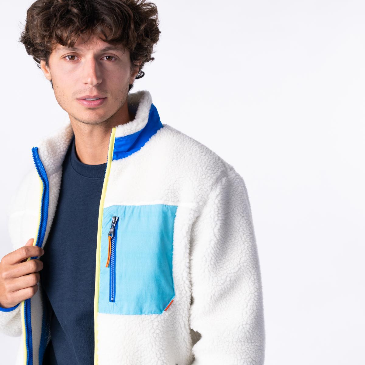 Unisex sherpa jas met rits en lange mouwen - Ivoor en blauw - Beige