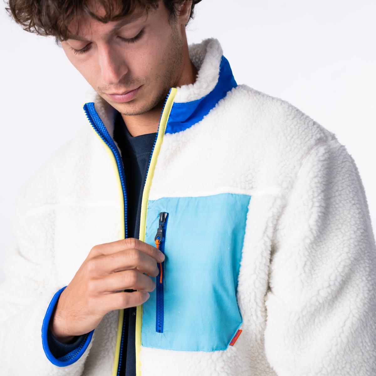 Unisex sherpa jas met rits en lange mouwen - Ivoor en blauw - Beige