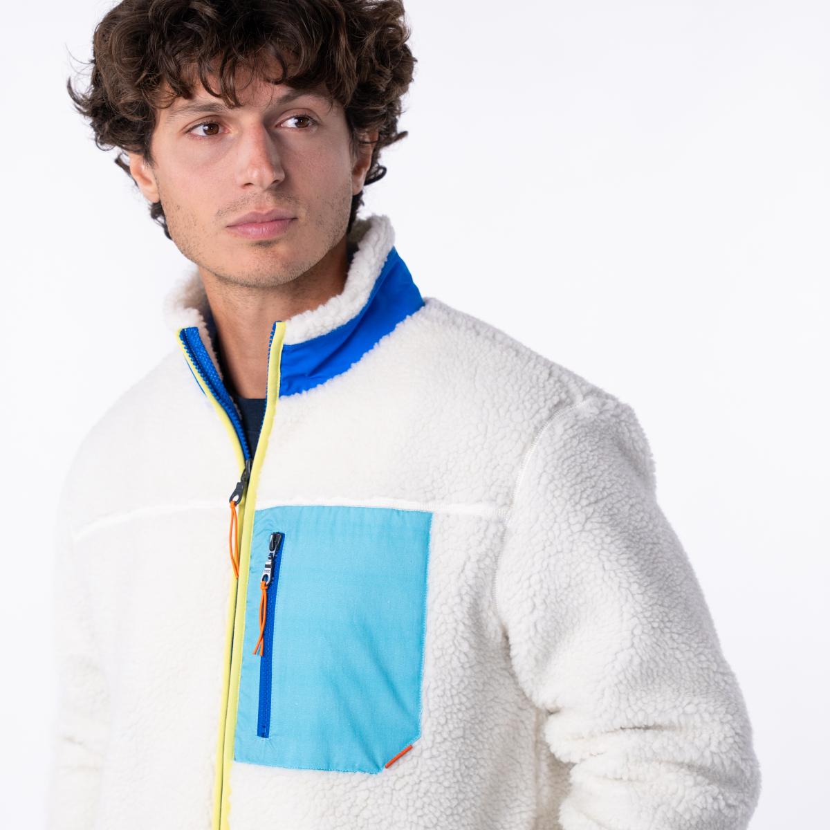Unisex sherpa jas met rits en lange mouwen - Ivoor en blauw - Beige