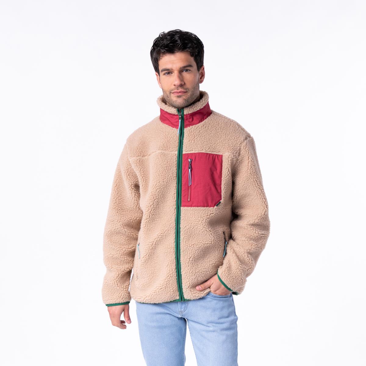 Unisex sherpa jas met rits en lange mouwen - Naturel en bordeaux - Bruin