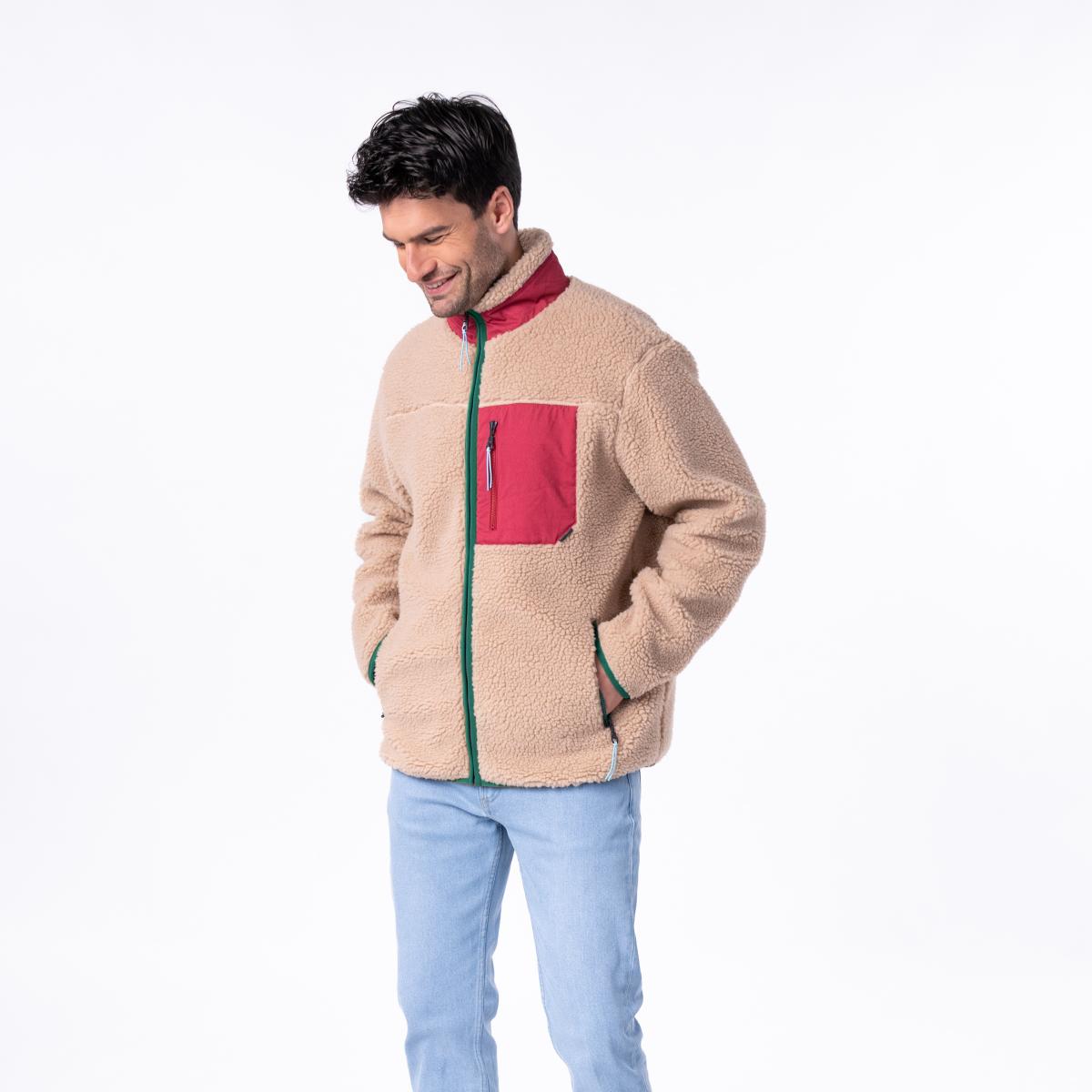 Unisex sherpa jas met rits en lange mouwen - Naturel en bordeaux - Bruin