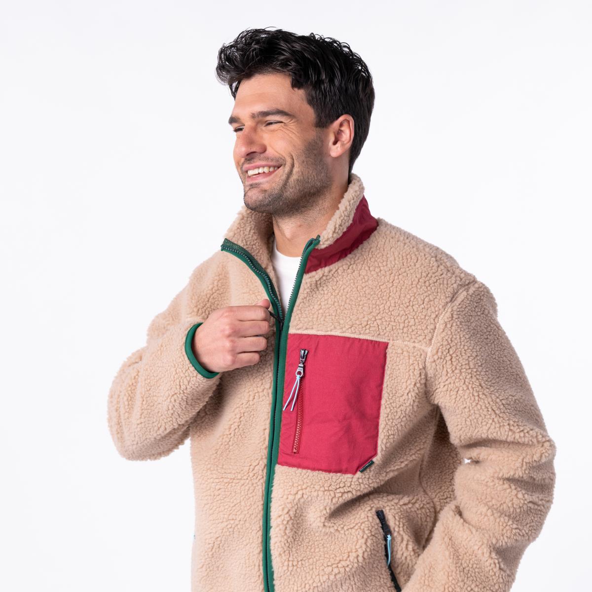 Unisex sherpa jas met rits en lange mouwen - Naturel en bordeaux - Bruin