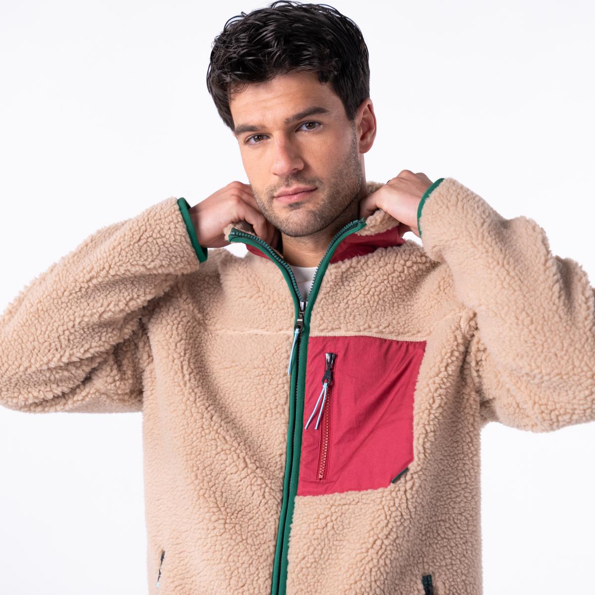 Unisex sherpa jas met rits en lange mouwen - Naturel en bordeaux - Bruin