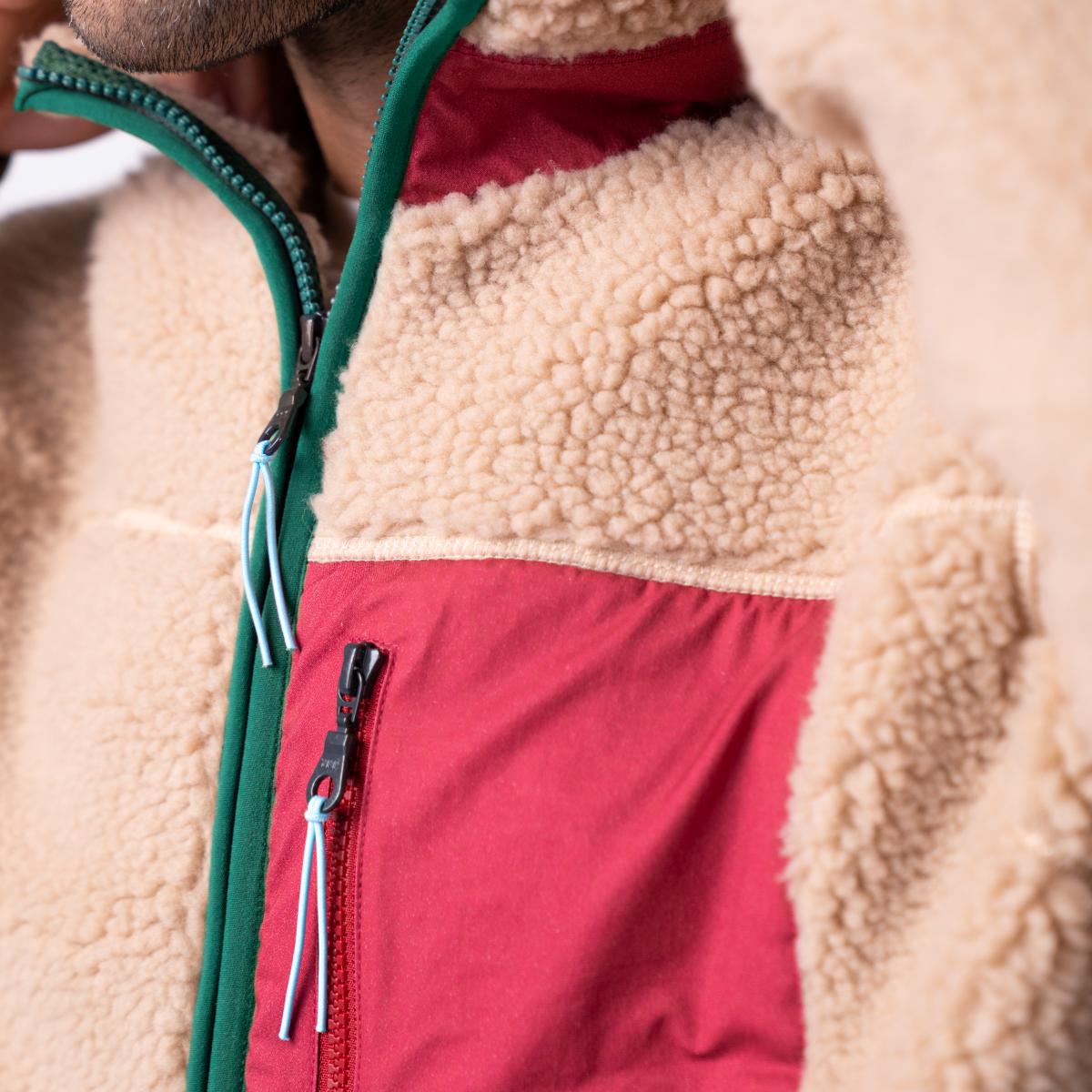 Unisex sherpa jas met rits en lange mouwen - Naturel en bordeaux - Bruin