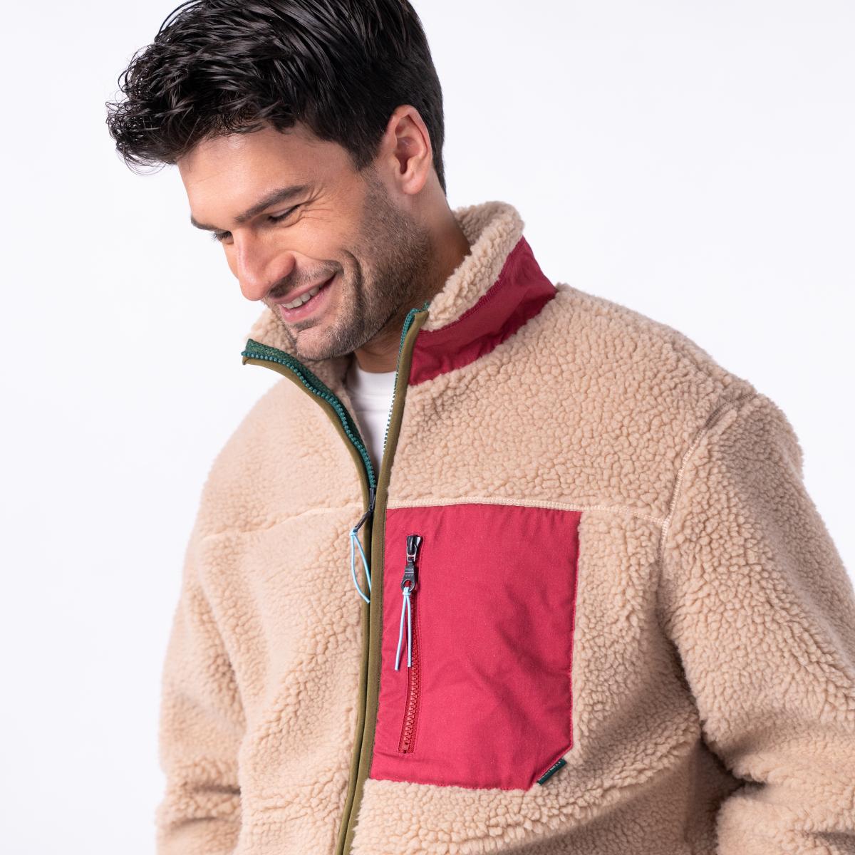 Unisex sherpa jas met rits en lange mouwen - Naturel en bordeaux - Bruin