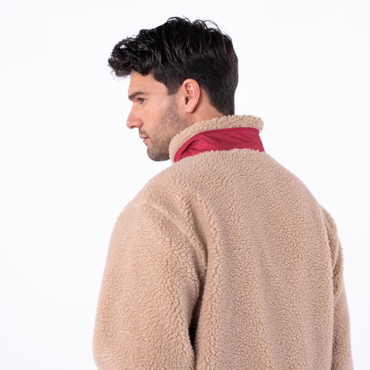 Unisex sherpa jas met rits en lange mouwen - Naturel en bordeaux - Bruin