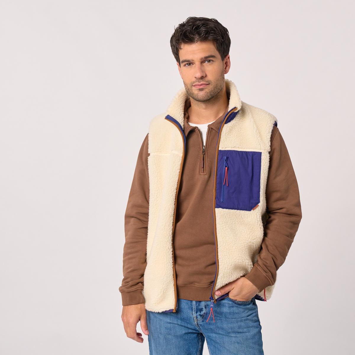 Veste en sherpa unisexe zippée sans manches - Ivoire et marine - Beige