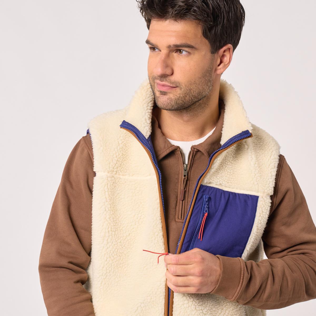 Mouwloze unisex sherpa jas met rits - Ivoor en marine - Beige