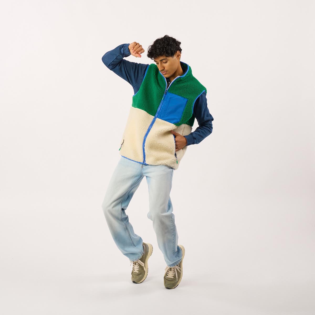 Mouwloze unisex sherpa jas met rits - Ivoor en groen - Beige
