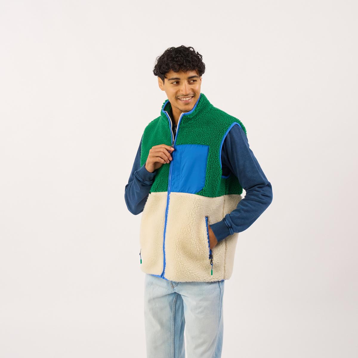 Veste en sherpa unisexe zippée sans manches - Ivoire et vert - Beige