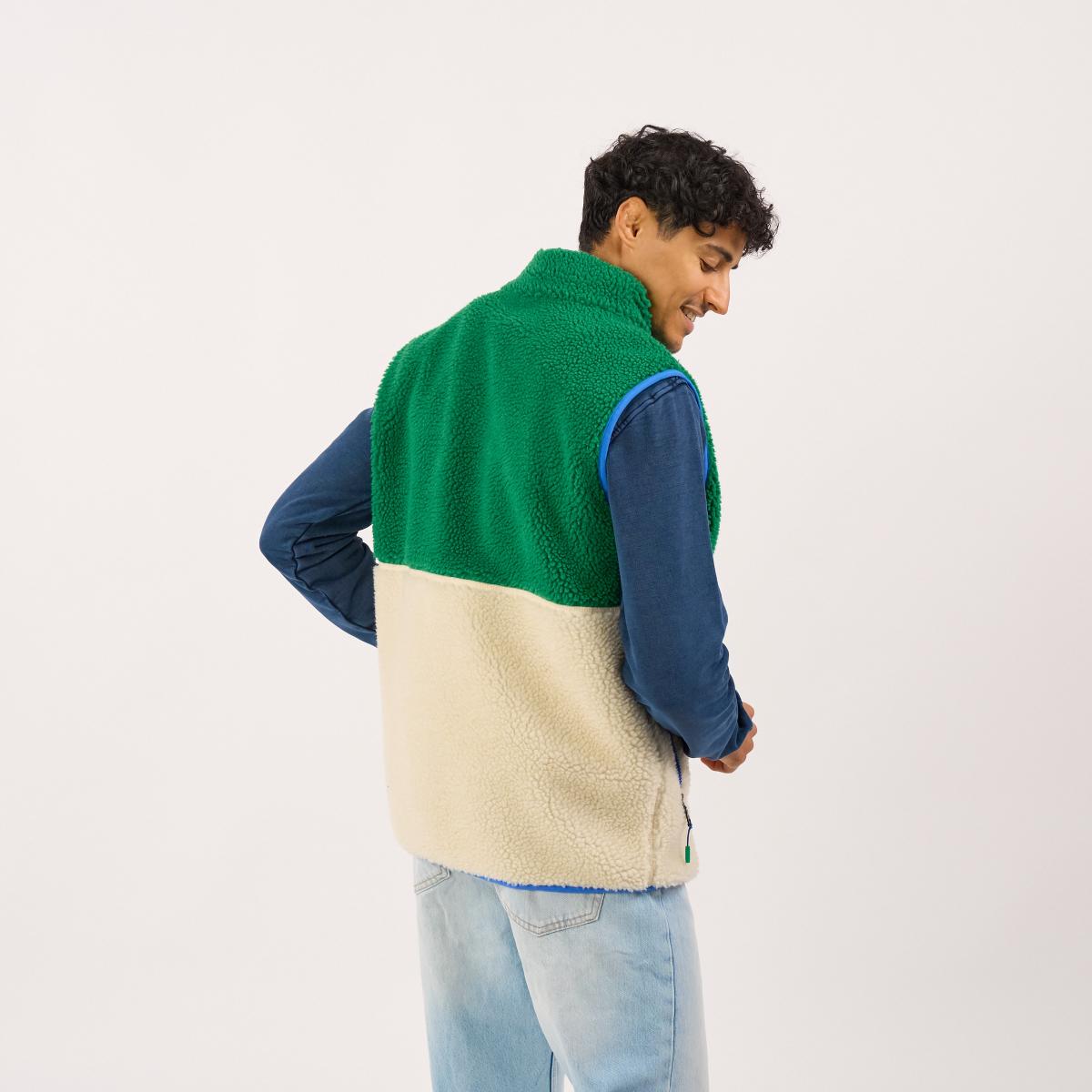 Mouwloze unisex sherpa jas met rits - Ivoor en groen - Beige