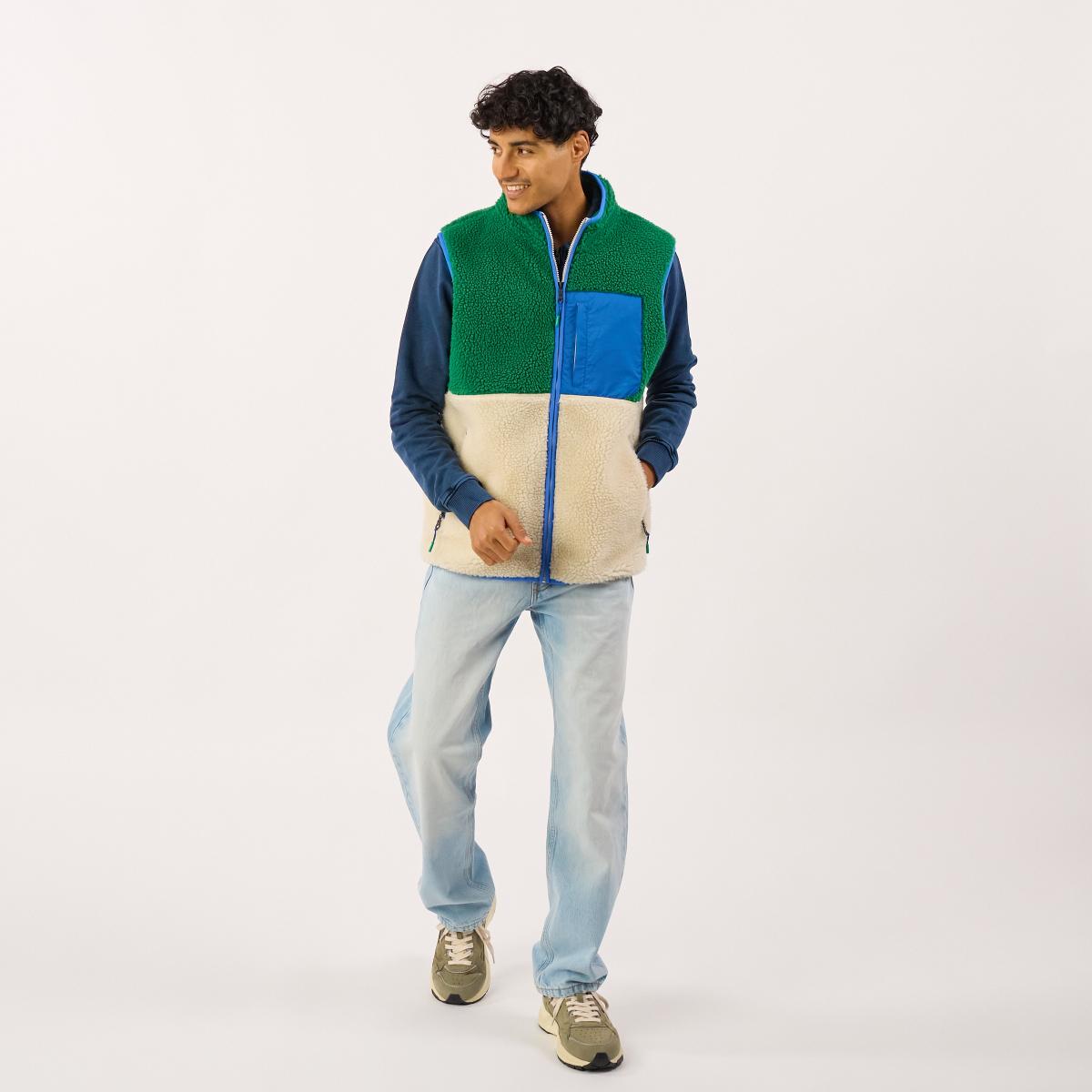 Mouwloze unisex sherpa jas met rits - Ivoor en groen - Beige