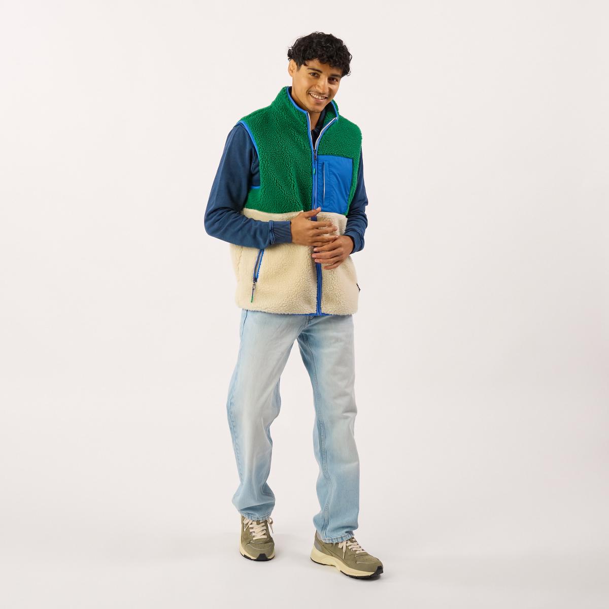 Mouwloze unisex sherpa jas met rits - Ivoor en groen - Beige