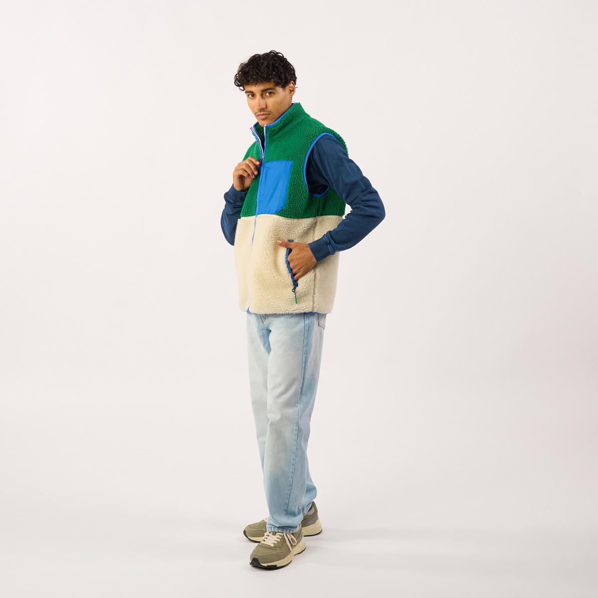 Mouwloze unisex sherpa jas met rits - Ivoor en groen - Beige