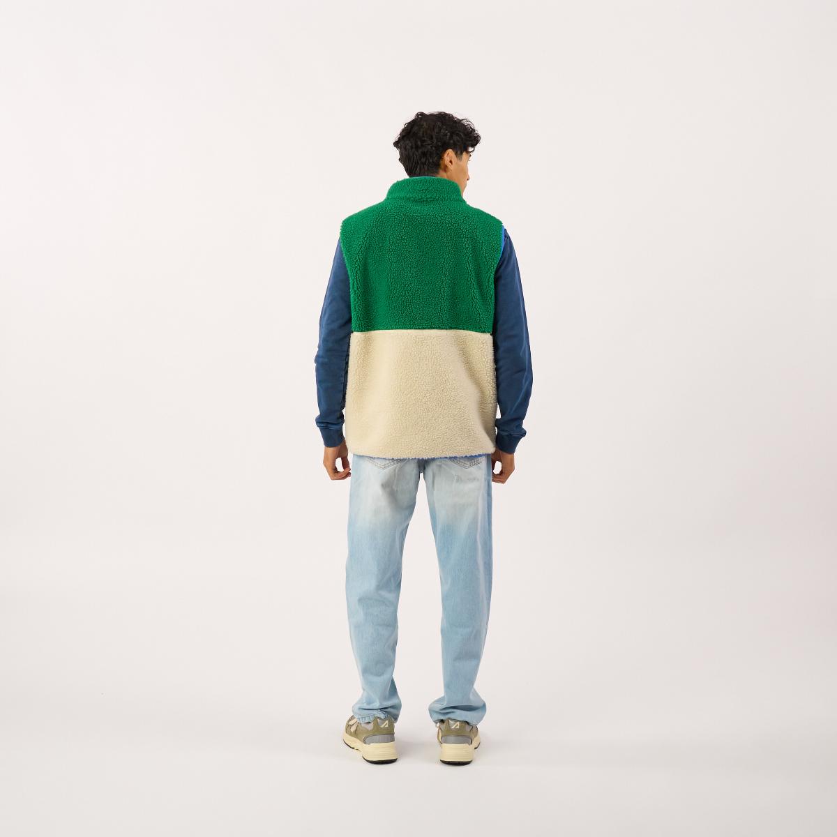 Mouwloze unisex sherpa jas met rits - Ivoor en groen - Beige