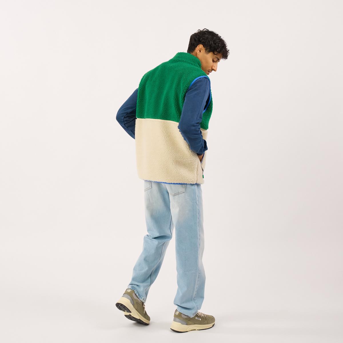 Mouwloze unisex sherpa jas met rits - Ivoor en groen - Beige
