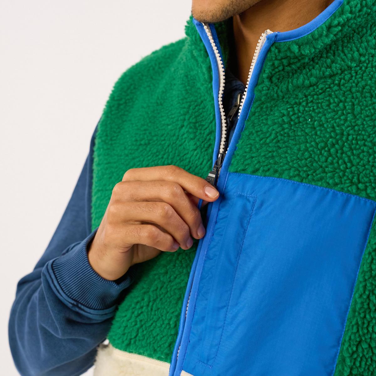 Mouwloze unisex sherpa jas met rits - Ivoor en groen - Beige