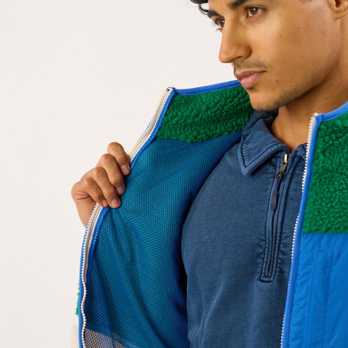Mouwloze unisex sherpa jas met rits - Ivoor en groen - Beige