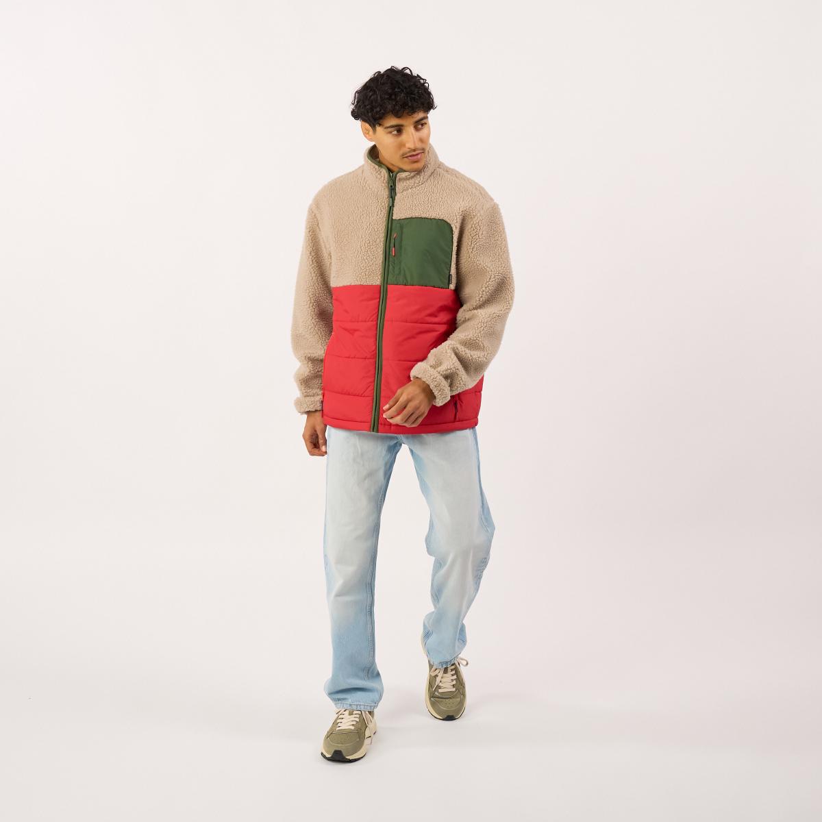 Veste bi-matières manches longues - Naturel et rouge - Marron