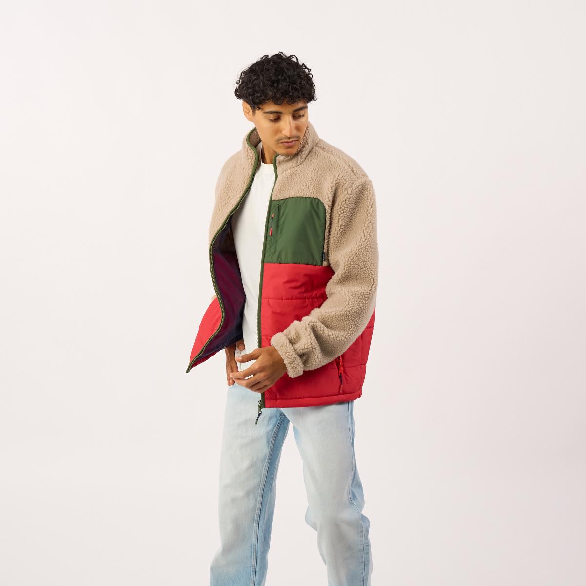 Veste bi-matières manches longues - Naturel et rouge - Marron