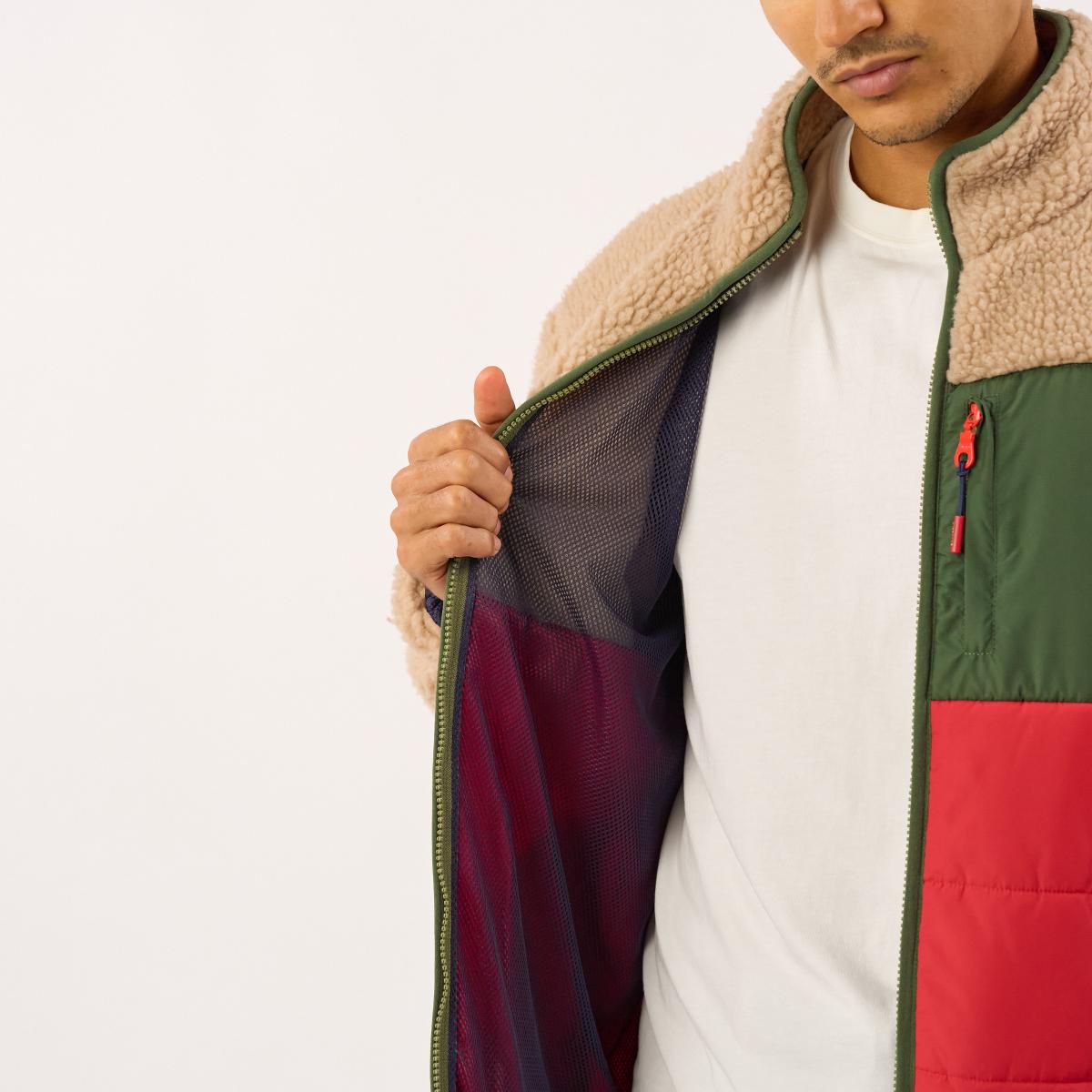 Veste bi-matières manches longues - Naturel et rouge - Marron