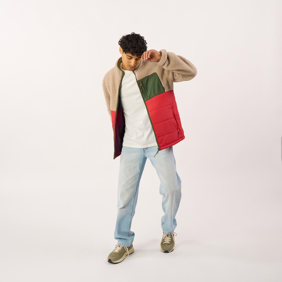 Veste bi-matières manches longues - Naturel et rouge - Marron